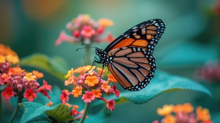 Fototapeta premium Close-up of a butterfly perched on vibrant flower petals, showcasing intricate details of its wings and the plants blooms.