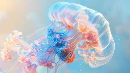 Studio Shot of a Jellyfish: Pastel Silver-Blue Luxurious Pattern, Iridescent, Metallic and Chrome Elements, Glitter Elements, Whimsical and Dreamlike Fractal Design, Underwater World