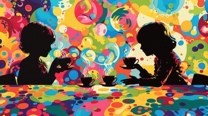 A lively pop art style image of kids having a tea party in a colorful and imaginative setting The background is filled with playful designs and vivid colors capturing the fun and whimsical atmosphere