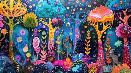 A vibrant pop art depiction of kids exploring a colorful and imaginative forest The background is filled with bright colors and playful designs creating a sense of wonder and adventure The children