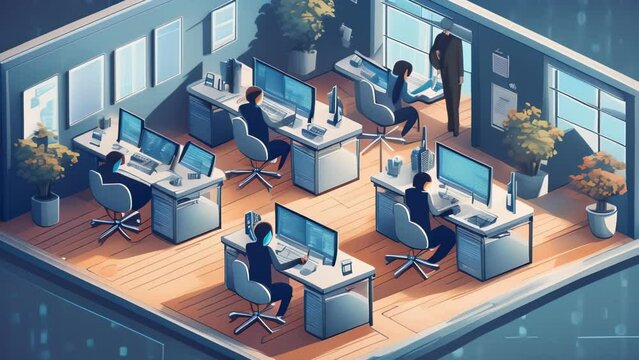 A modern open office space with employees working at desks equipped with computers. 