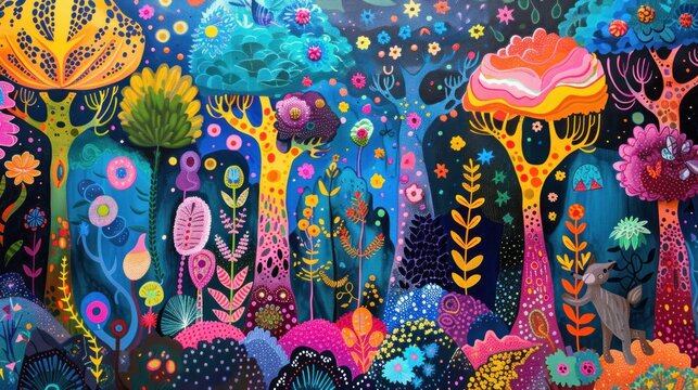 A vibrant pop art depiction of kids exploring a colorful and imaginative forest The background is filled with bright colors and playful designs creating a sense of wonder and adventure The children