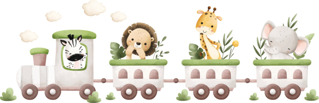 Watercolor Illustration Safari Animals on Train