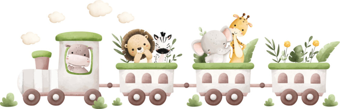 Watercolor Illustration Safari Animals on Train