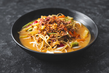 vegetarian rice noodle ramen with mixed veggies and fried shallots