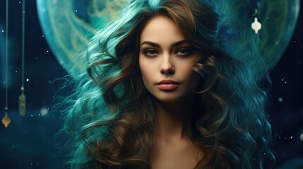 Naklejka premium Beautiful woman fortune teller stands in a beautiful dress against a background of stars and symbols