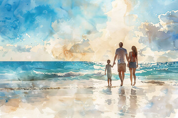 Fototapeta premium A family enjoying a day at the beach in a vibrant watercolor style, perfect for summer-themed designs and vacation promotions.