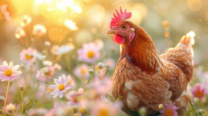 Fototapeta premium Chicken grazing in field of flowers