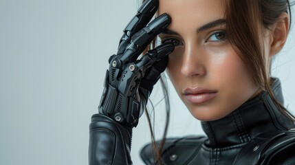Naklejka premium Person with robot hand close up