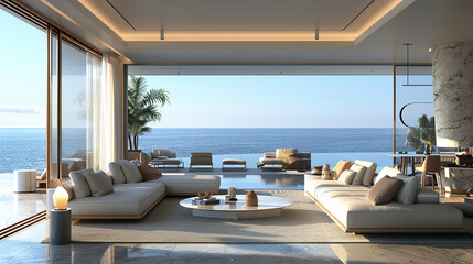 Fototapeta premium Home interior design modern. Panorama of luxury living room and dining area with sofa. Elegant interior design. Stylish interior of cozy warm living room. 