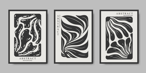 Vector floral card templates collection with abstract hand drawn flowers and branch isolated on grey background. Modern trendy Matisse illustration design for poster print, banner