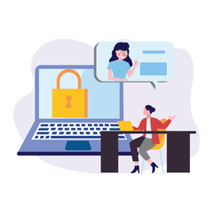 Girls are talking about account security on laptop.