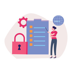 The female is pointing at clipboard checklist.