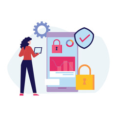 The girl is using laptop for online safe setting.