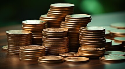 Stacks of gold coins on a background of plants. The topic of savings and personal finance.
