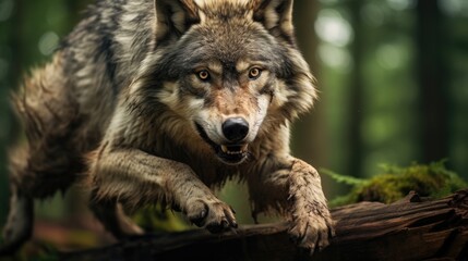 Fototapeta premium Wolf running through forest with mouth open