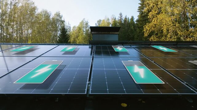 Solar panels collecting sunlight on a house roof with animated battery icons