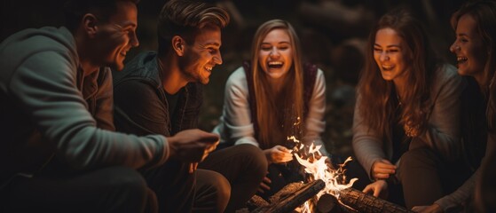Fototapeta premium People sitting around a fire pit, conversing and enjoying the warmth of the flames on a chilly evening.