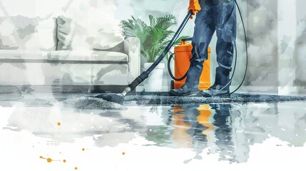 Cleaning carpet with steam cleaner hose, concept of janitorial work, home maintenance, professional cleaning, hygiene, illustrated in watercolor style