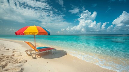 Fototapeta premium Sunny beach escapes sandy shores and crystal clear blue waters with colorful umbrellas