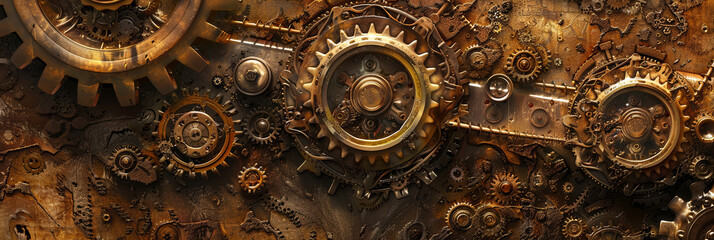 steampunk background with gears and cogs in golden tones, generative AI