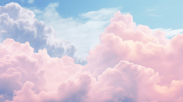 Enjoy a heavenly sky with whimsical cotton candy clouds in soft pastel hues.