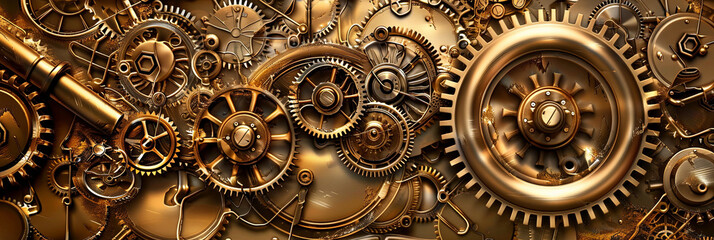 steampunk background with gears and cogs in golden tones, generative AI