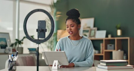 Phone, ring light and woman with live stream, tablet and content creation for social media webinar. Streamer, influencer and gen z girl with smartphone, digital app or broadcast for online talk show