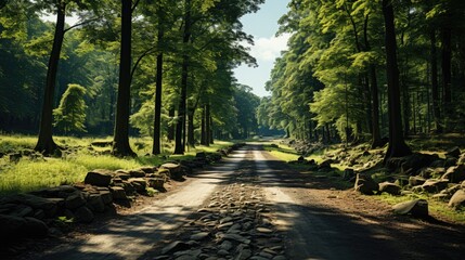 Fototapeta premium Road through the summer forest. Bright lush green trees, grass and bushes.