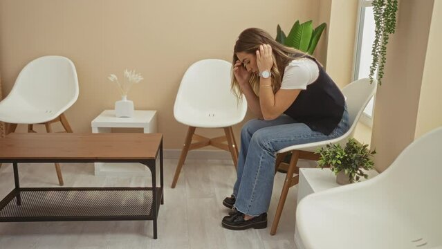 A young woman sitting in a modern indoor waiting room, appears stressed or anxious with head in hands, surrounded by minimalist white chairs and plants.