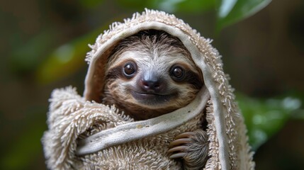 Obraz premium Baby sloth wrapped in gray towel