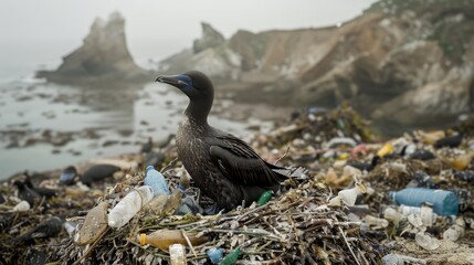 Birds living on a beach full of plastic waste and pollution, environmental conservation concept.