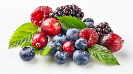 mix of blueberry, blackberry, cranberry, raspberry with leaves isolated on white background. clipping path