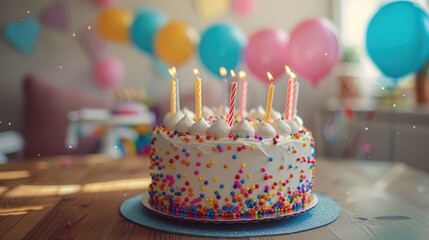 Colorful birthday cake with sprinkles on a festive table, morning party
