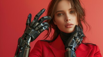 Obraz premium Woman with prosthetic hand wearing a red leather jacket