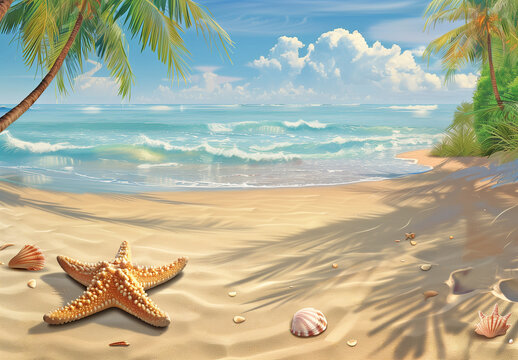 A beautiful beach scene with, golden sand, palm trees and blue sky