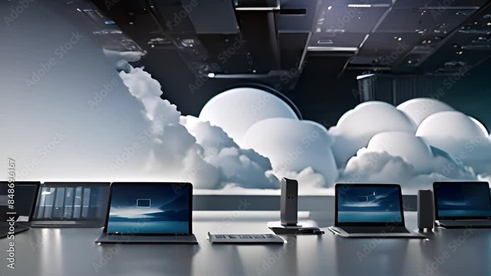 Poster cloud computing laptops with data center in background generative ai
