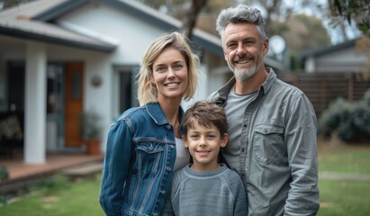 Fototapeta premium Family posing in front of home