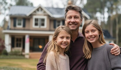 Fototapeta premium Happy family smiling in front of home