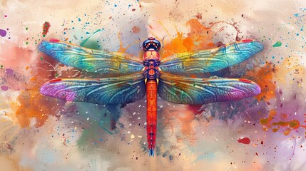 Fototapeta premium Dragonfly in bright watercolor hues, wings detailed with intricate patterns, set on a dynamic splattered paint background, showcasing nature insect art