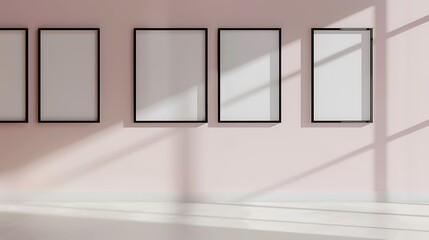A minimalist study with a pale pink wall, featuring four empty black frames in a square formation.