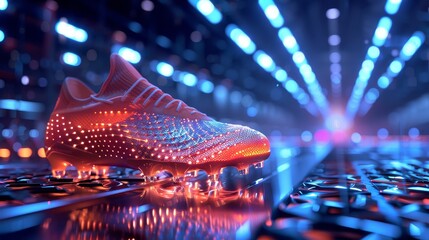 High-tech soccer shoe featuring holographic patterns, smart sensors, and carbon fiber elements, displayed in a futuristic sports arena