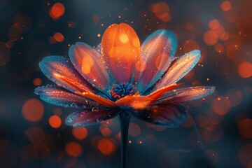 Close-up of a vibrant, dew-covered flower with multicolored petals and glowing bokeh background, showcasing natural beauty and intricate details of water dropletsFlower