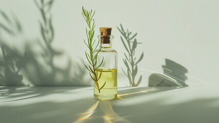 A small glass bottle of herbal oil with a cork stopper, surrounded by fresh rosemary, on white background.