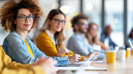 Obraz premium Confident woman with curly hair and glasses at an office meeting, surrounded by colleagues.