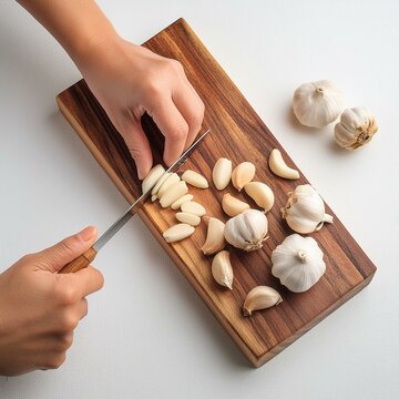cutting garlic wooden kitchen board