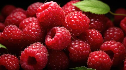 Juicy appetizing red raspberries on a dark background. Ripe fresh healthy berry. The topic of proper nutrition.