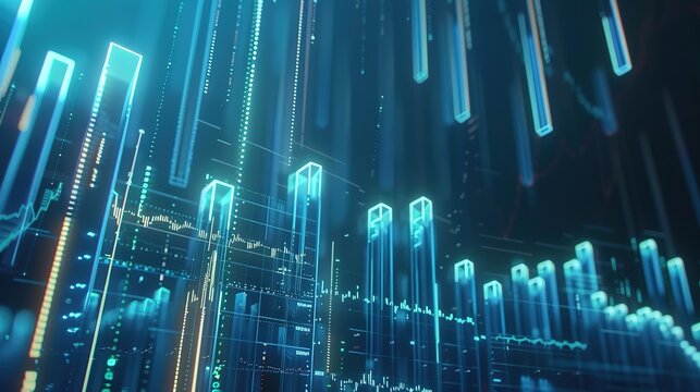 Stereoscopic Data Chart, Visual Data Screen, DataTable, Visual Data Design, Technical Style, Blue and White Color Scheme, White Font, Blue Background, Surreal