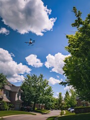 Futuristic AI Drone Delivery in Suburbia on Sunny Day Shot with Fujifilm X-T4 Wide Angle Lens