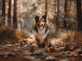 Front view of Shetland Sheepdog in forest, sitting obediently, tall pine trees, fallen leaves, morning light.